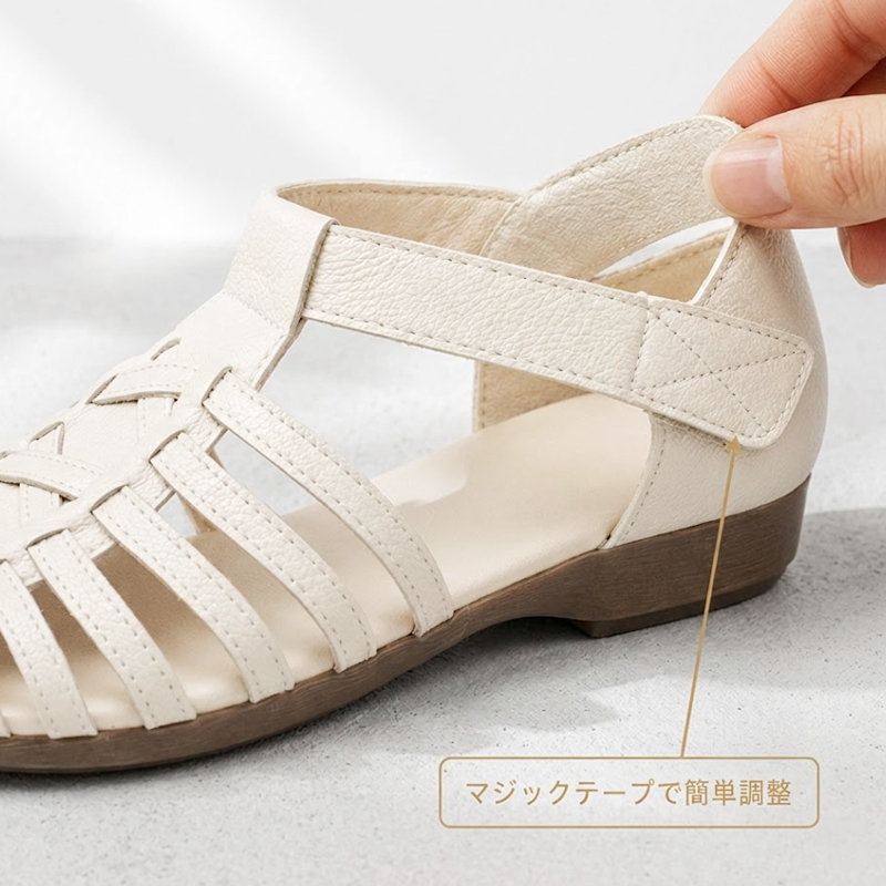 マジックテープで簡単に締め付け感を調整できるホワイトの本革グルカサンダル