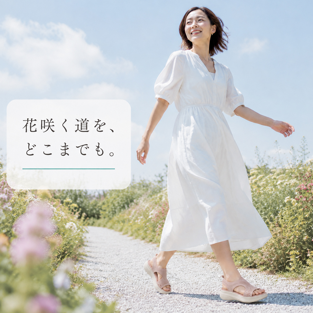 Emiwalk ニットサンダル ピンク 白ワンピース着用 郊外リゾート散歩シーン