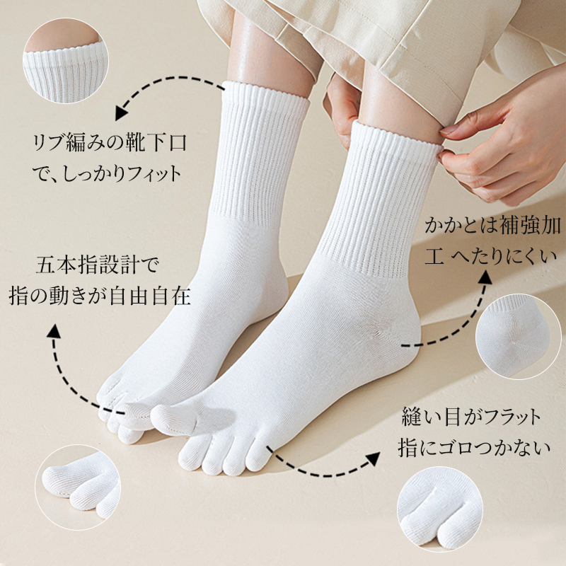 ホワイトの五本指ソックス機能詳細 リブ編みの履き口と補強されたかかと部分のクローズアップ