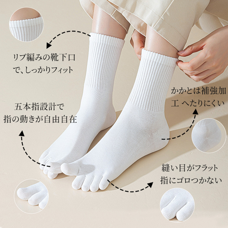 ホワイトの五本指ソックス機能詳細 リブ編みの履き口と補強されたかかと部分のクローズアップ
