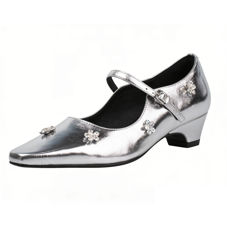 フラワー装飾付きラムスキン製メアリージェーンシューズ