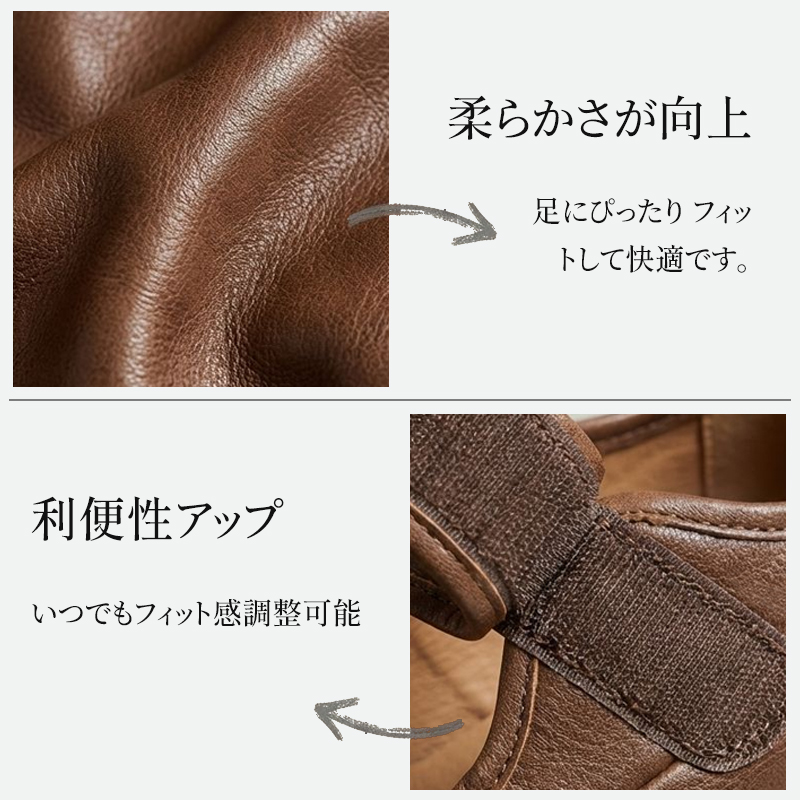 レザーの柔軟性向上とマジックテープの利便性 ディテール解説