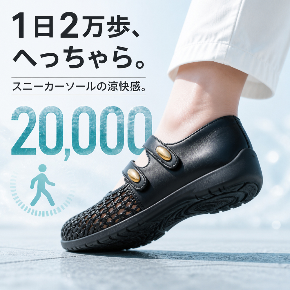ブラックの本革メッシュメリージェーンパンプス 1日2万歩でも疲れにくいスニーカーソール