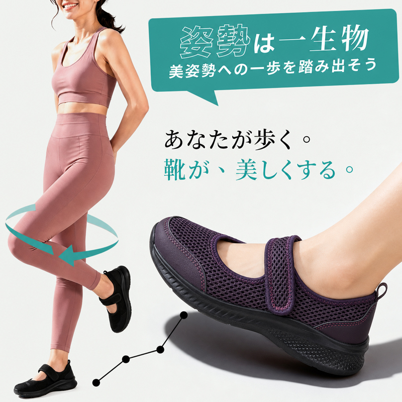 Emiwalk メッシュパンプス パープル 姿勢サポート 歩行シーン
