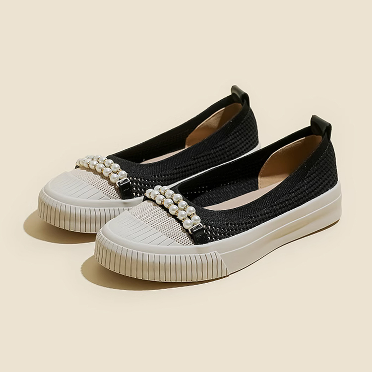 超軽量 ニットシューズ パール飾り パンプス ローカット スニーカー 痛くない 蒸れない 柔軟 ぺたんこ レディース
