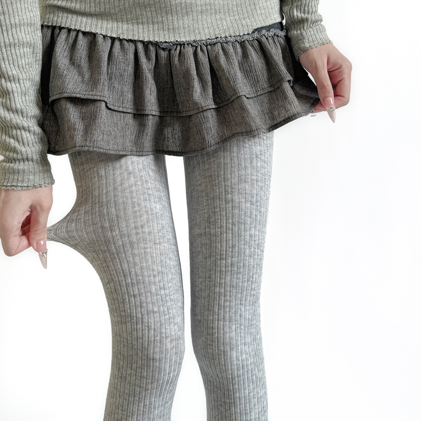 縦リブタイツ・ウール50%配合