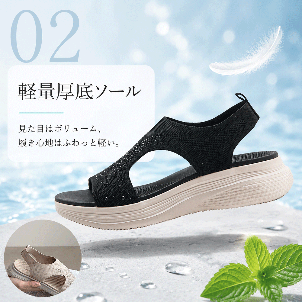 Emiwalk ニットサンダル ブラック 軽量厚底ソール 衝撃吸収構造ディテール
