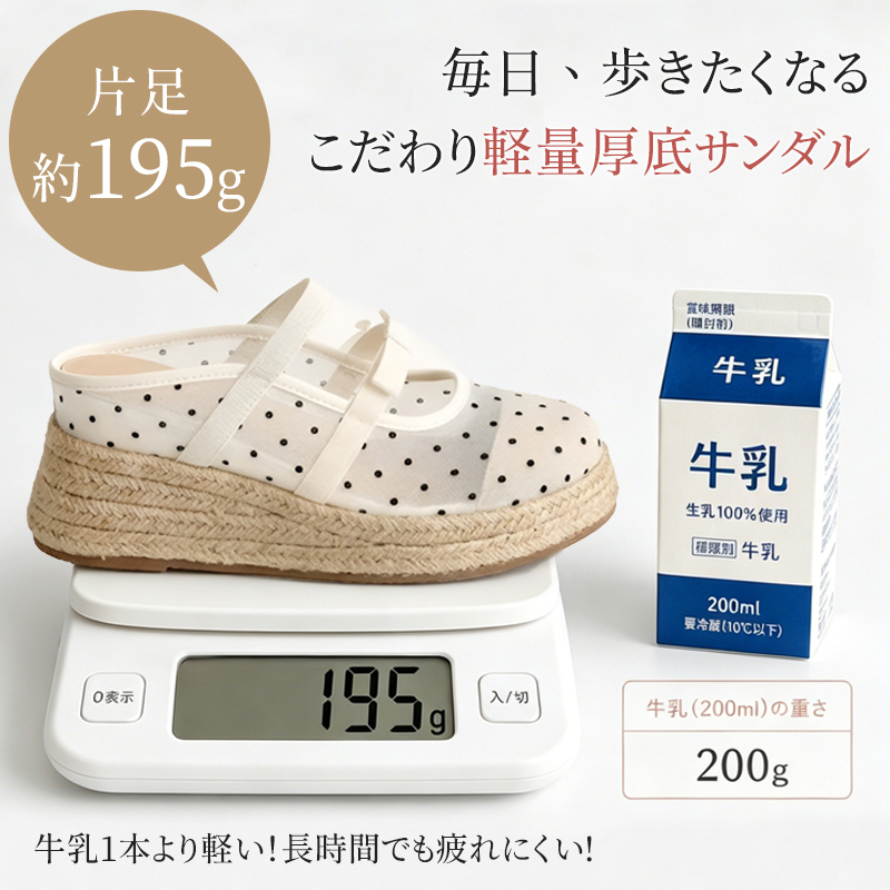 軽量195g片足設計ドットメッシュ厚底ミュールサンダル デジタルスケール比較