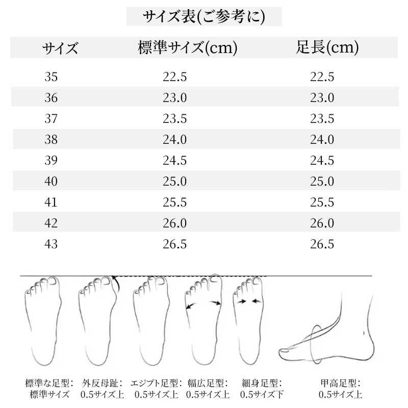 フラットシューズ サイズ表と足型別のサイズ選びガイド（外反母趾・甲高・幅広対応）