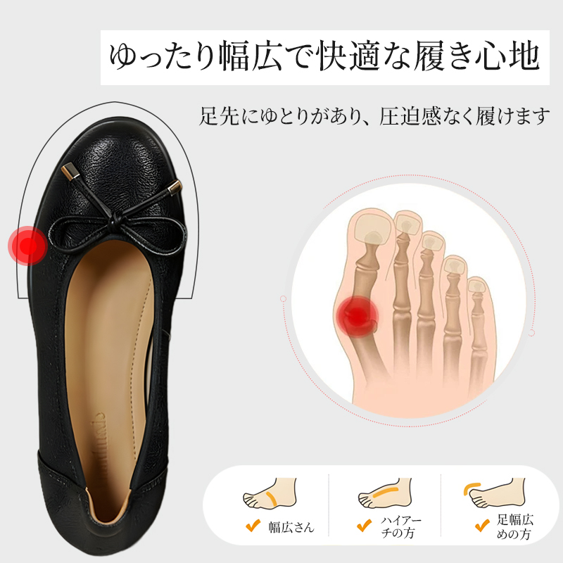 足先にゆとりを持たせた4E幅広設計と外反母趾への圧迫感を軽減する構造図