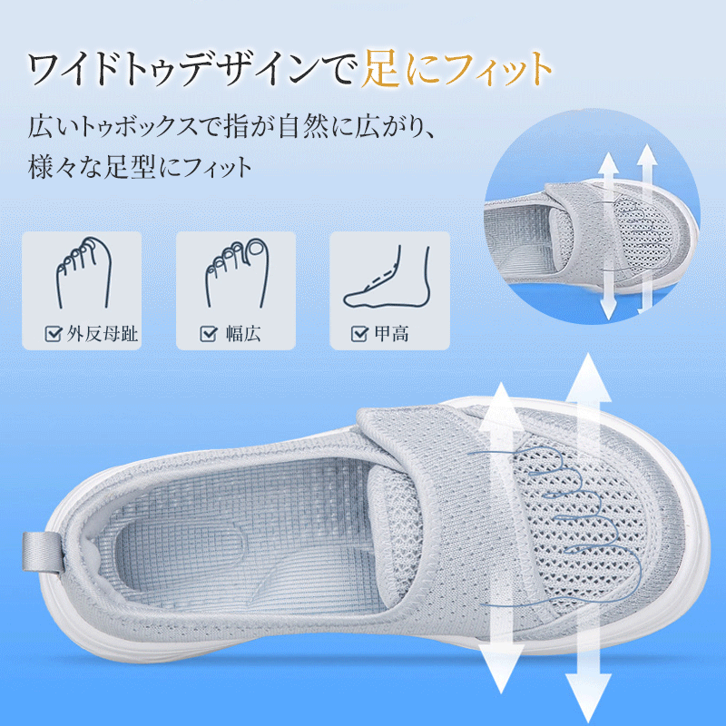 Emiwalk ワイドトゥデザイン 外反母趾対応 足型フィット構造図