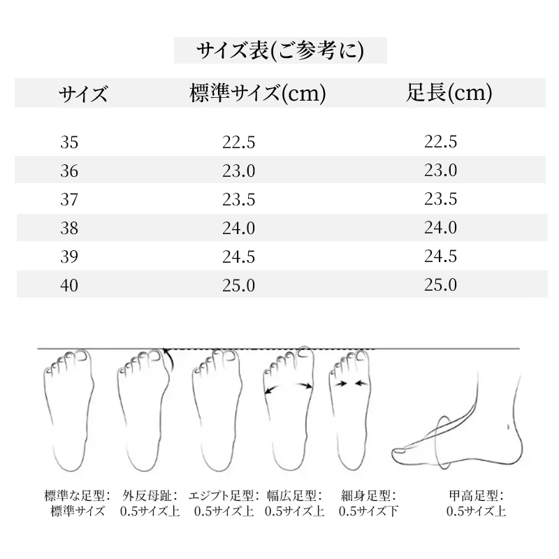 パンプス サイズ表と足型別のサイズ選びアドバイス（外反母趾・幅広・甲高）