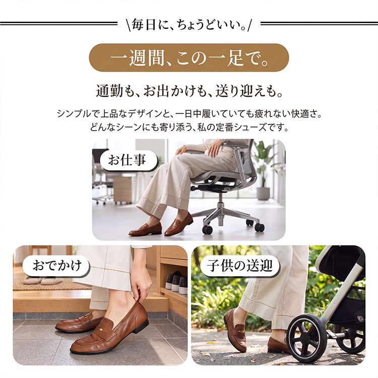 手なめしシワ加工ゴールドモチーフローファー 2cm ローヒール通勤シューズ 履き込むほど足に馴染むレディースシューズ