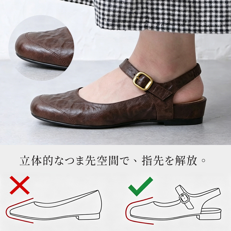 指先を解放する立体的なつま先空間設計と一般的なパンプスとの比較図