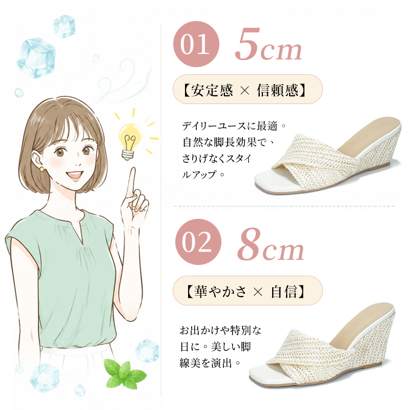 Emiwalk ウェッジソールサンダル 5cmヒール 8cmヒール 比較イメージ