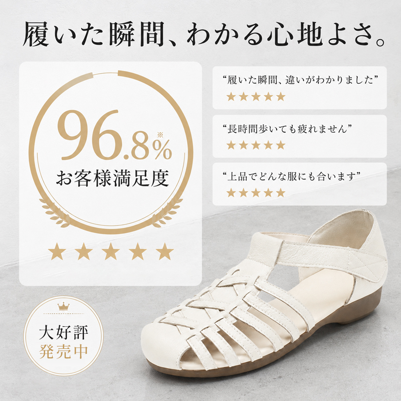 お客様満足度96.8%を獲得したホワイトの本革手編みグルカサンダルの商品イメージ
