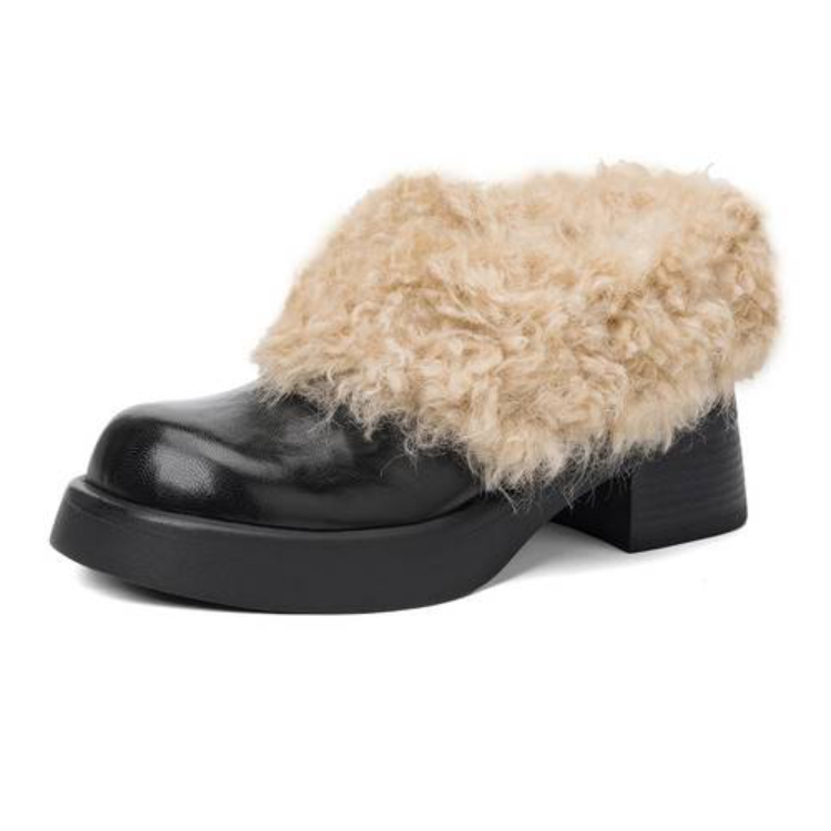 ボリュームファー 厚底ローファー レディース 選べるヒール高 幅広 甲高対応 防寒