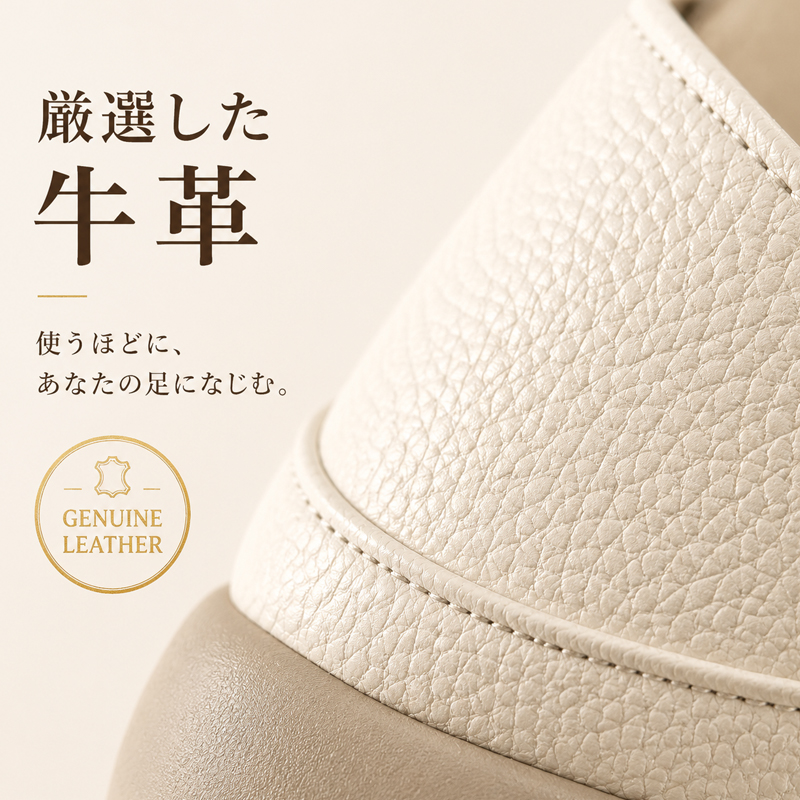 使えば使うほど足になじむ厳選された牛革（本革）素材のシボ感アップ