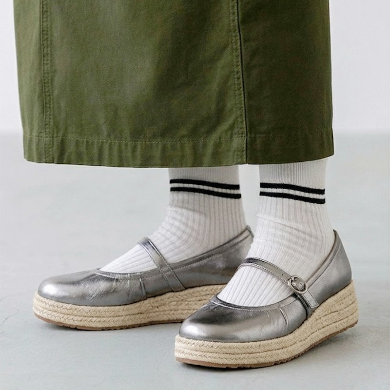 E厚底ラフィア編みメリージェーンシューズ