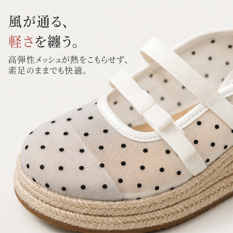 高弾性メッシュ素材ドット柄厚底ミュールサンダル 近接撮影 通気性抜群のアッパーディテール