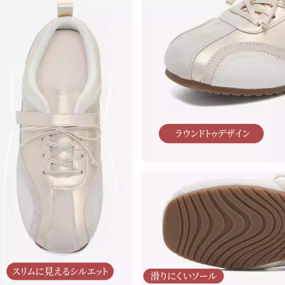 ラウンドトゥデザインのスリムなシルエットと滑りにくいアウトソール詳細