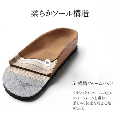 ラバーフォームを重ねた柔らかソール構造と構造フォームパッドの機能