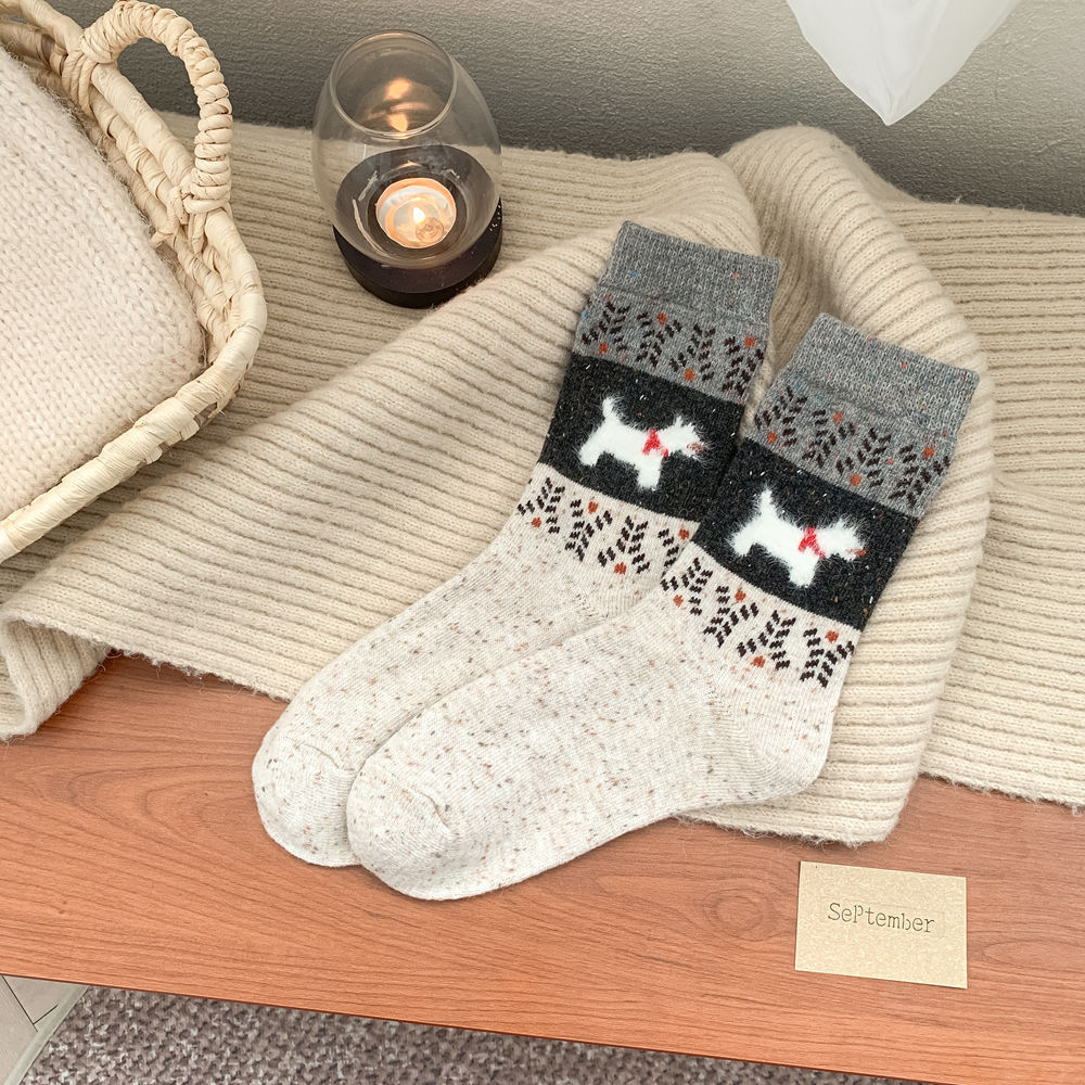 レトロ犬モチーフフェアアイル柄ウールソックス