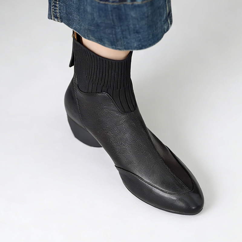 本革ソックスブーツ ニット切替 4cmチャンキーヒール バックジッパー 美脚ショートブーツ