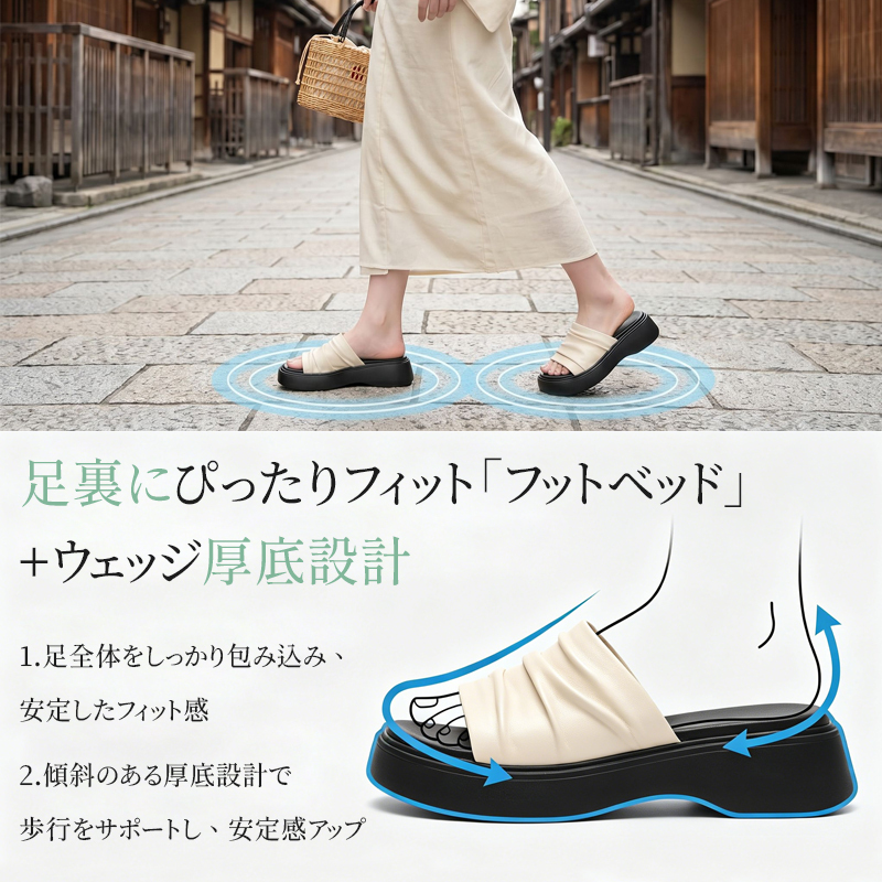 ウェッジ厚底サンダル_足裏にぴったりフィットするフットベッド構造と安定した歩行の解説