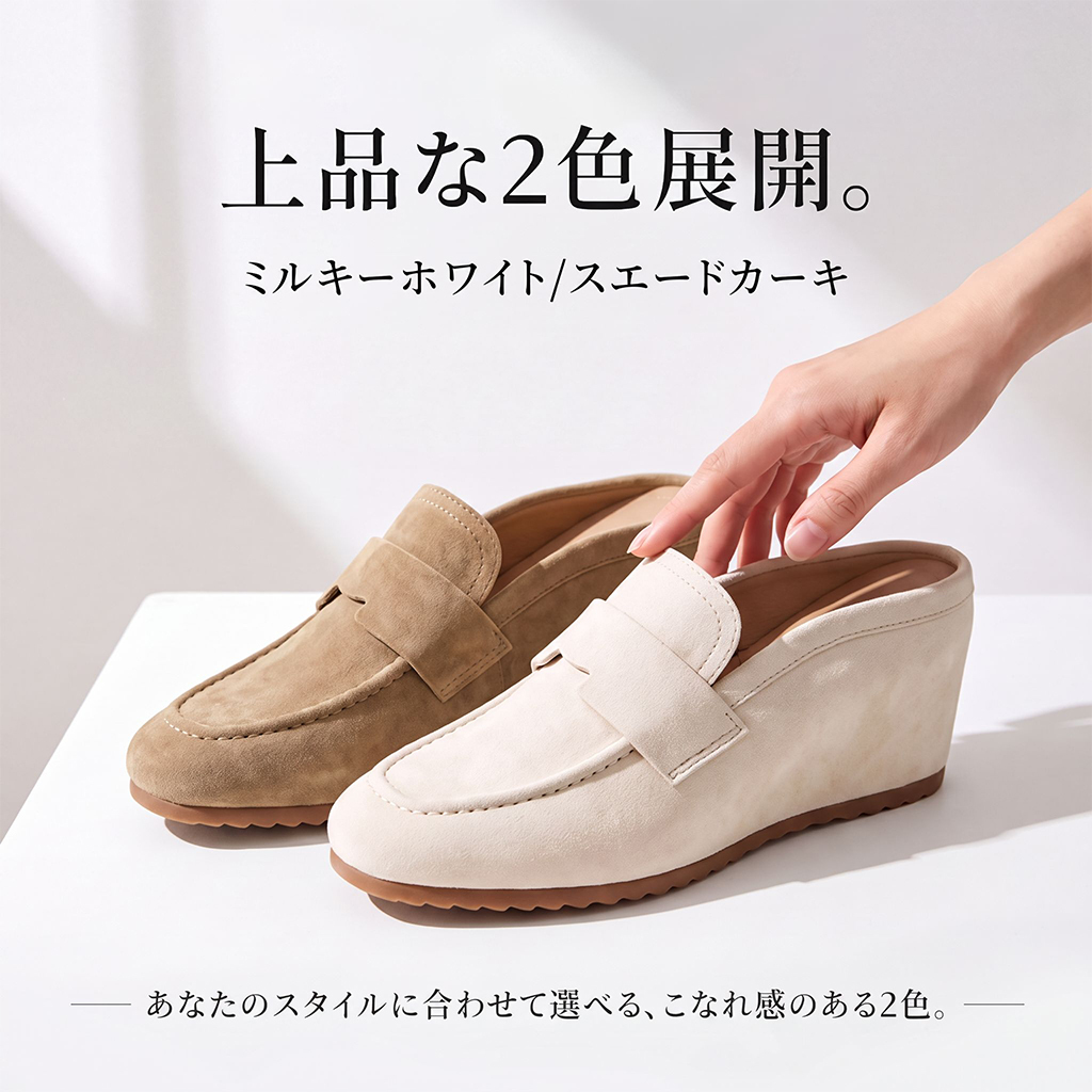 8cm ウェッジヒール スエードペニーローファーミュール レトロリラックスデザイン ワンステップオン 通勤・お出かけ対応 快適インヒールレディースシューズ