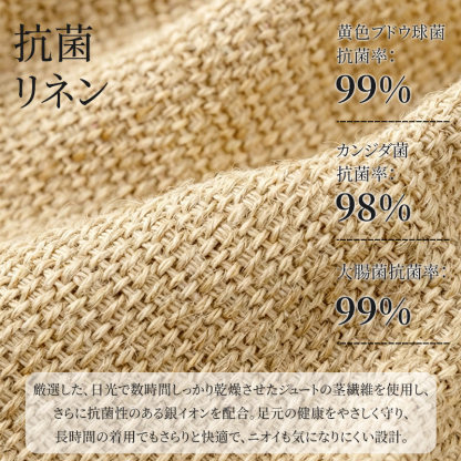 天然ジュートと銀イオン配合リネン素材の抗菌効果説明