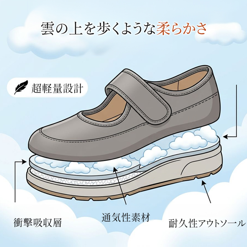 軽量設計 衝撃吸収ミッドソール 構造説明図 雲の上の歩き心地