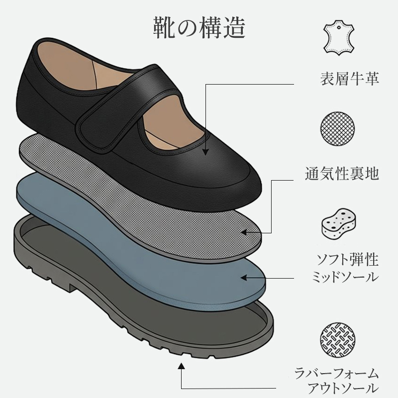 靴の構造図 表層牛革 通気性裏地 弾性ミッドソール ラバーアウトソール
