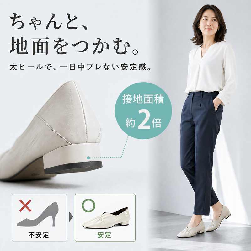 羊革スクエアトゥパンプス シワデザイン 低チャンクヒール 柔らか本革 通勤・デイリー・旅行 履きやすいレディースシューズ                                                         