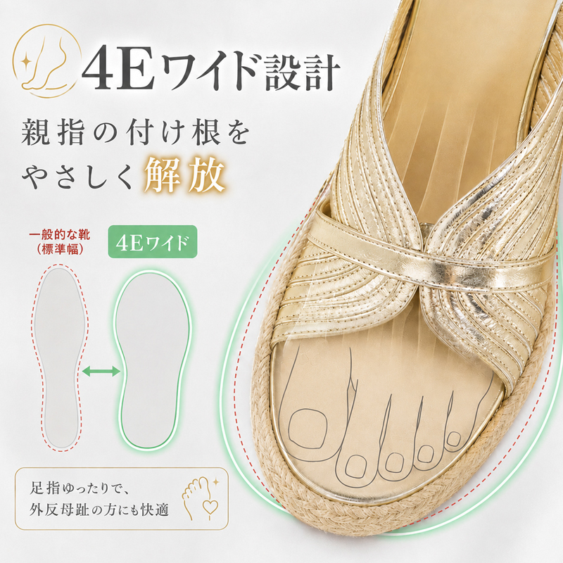 Emiwalk ジュートサンダル ゴールド 4E幅広設計 外反母趾サポートディテール