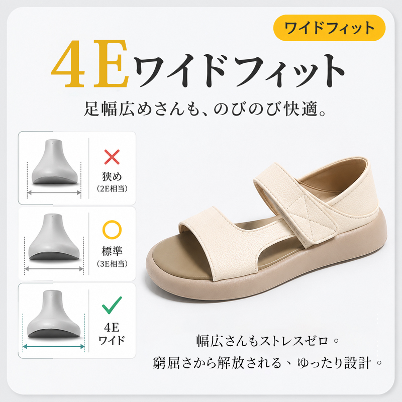 4Eワイドフィット設計の2WAYレザーサンダル 幅広足の圧迫感を軽減するつま先構造
