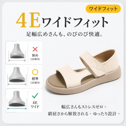4Eワイドフィット設計の2WAYレザーサンダル 幅広足の圧迫感を軽減するつま先構造