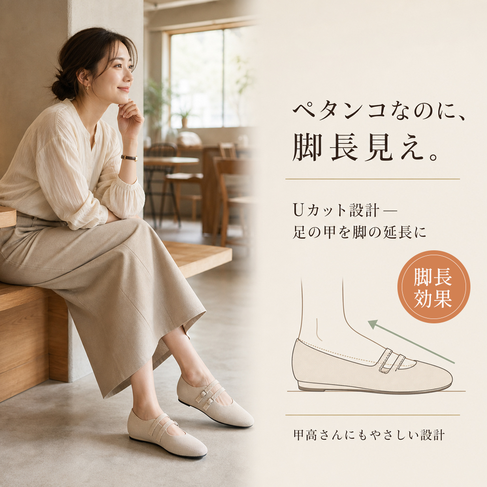 Emiwalk ニットパンプス ベージュ Uカット設計 脚長効果 カフェリラックスシーン