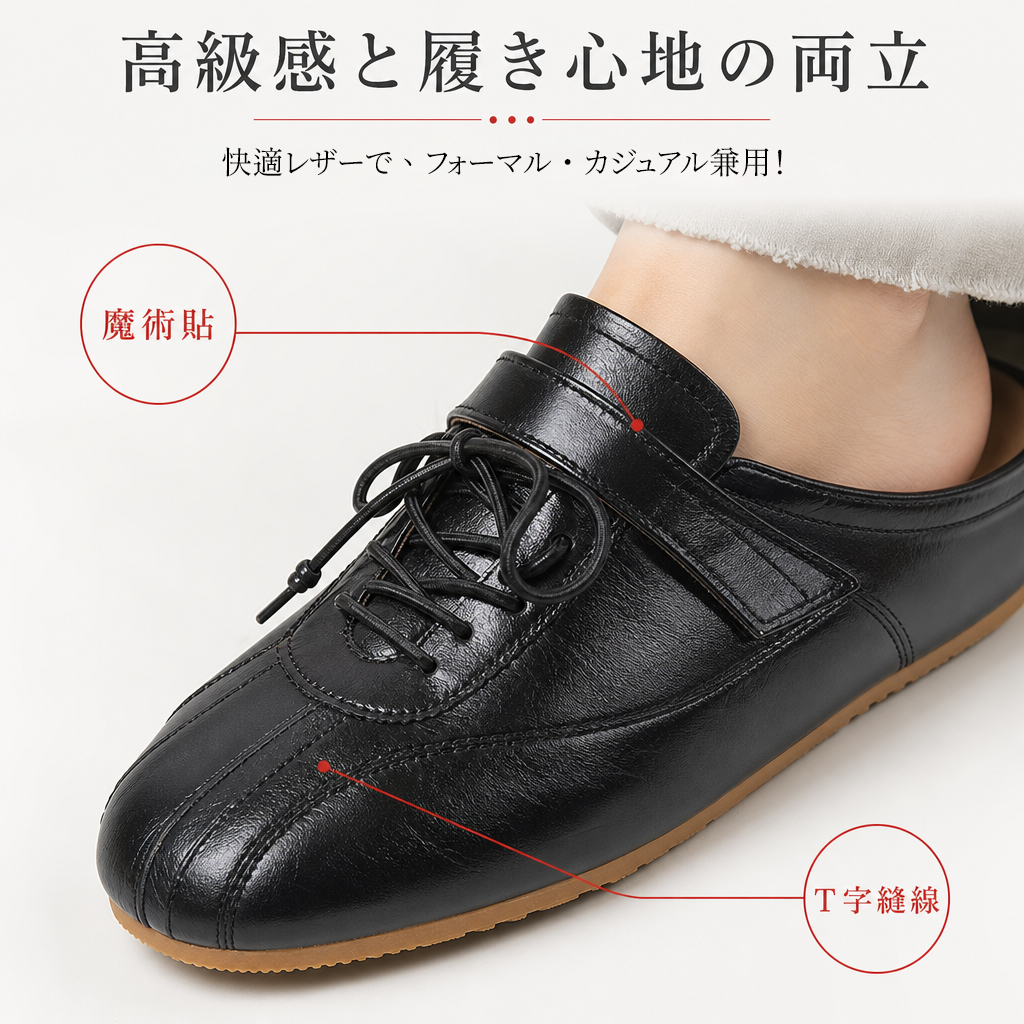 高級感のある本革風アッパーと面ファスナー・T字ステッチのディテール
