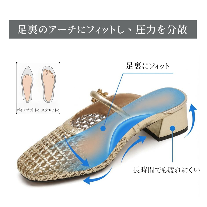 足裏のアーチにフィットし圧力を分散する疲れにくいインソール構造