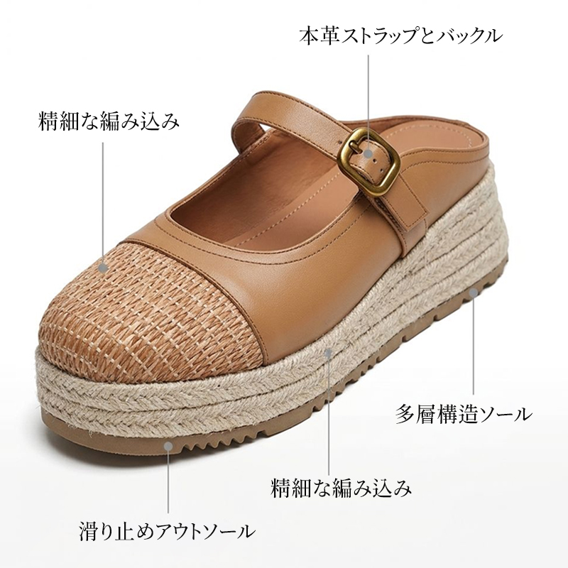 滑り止めアウトソールと編み込みウェッジソールの構造解説