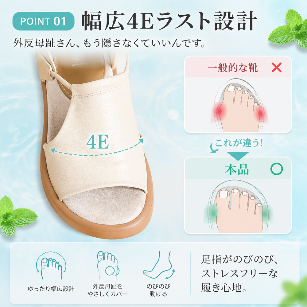夏向けソフトレザー・オープントゥサンダル