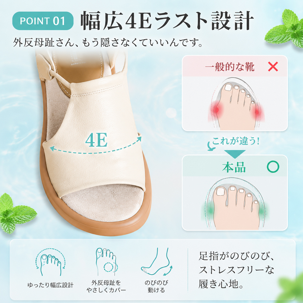 夏向けソフトレザー・オープントゥサンダル