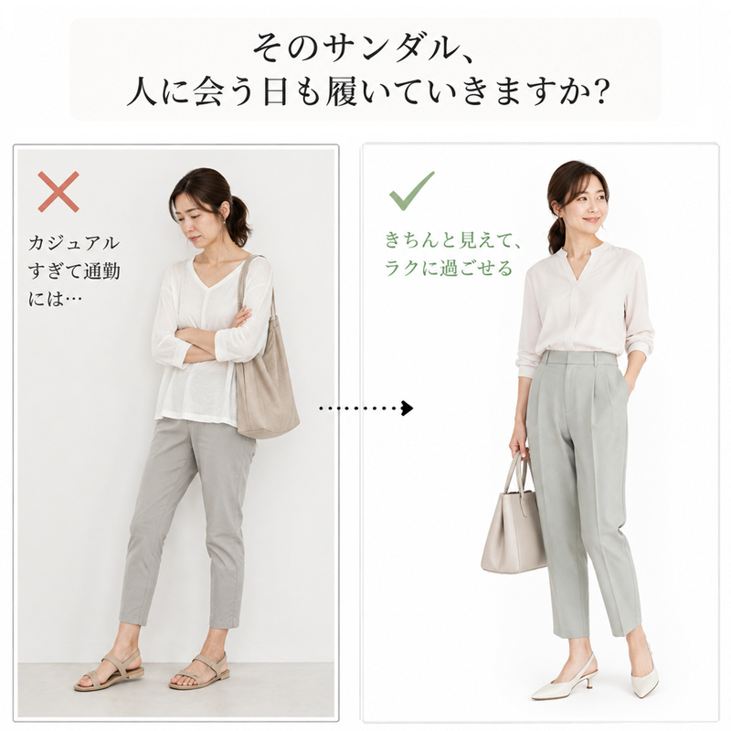 カジュアルすぎない通勤きれいめスタイルとサンダルの比較コーディネート
