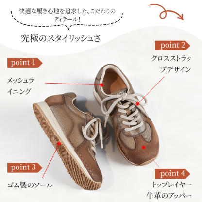 スタイリッシュなクロスストラップとメッシュライニングを施したこだわりのディテール