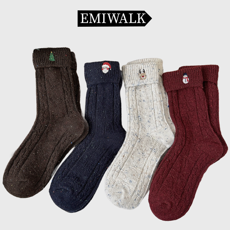 【クリスマス風】刺繍ウールミドルソックス-emiwalk
