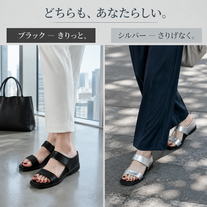 レディース 厚底サンダル ブラックとシルバーのキレイめパンツコーデ