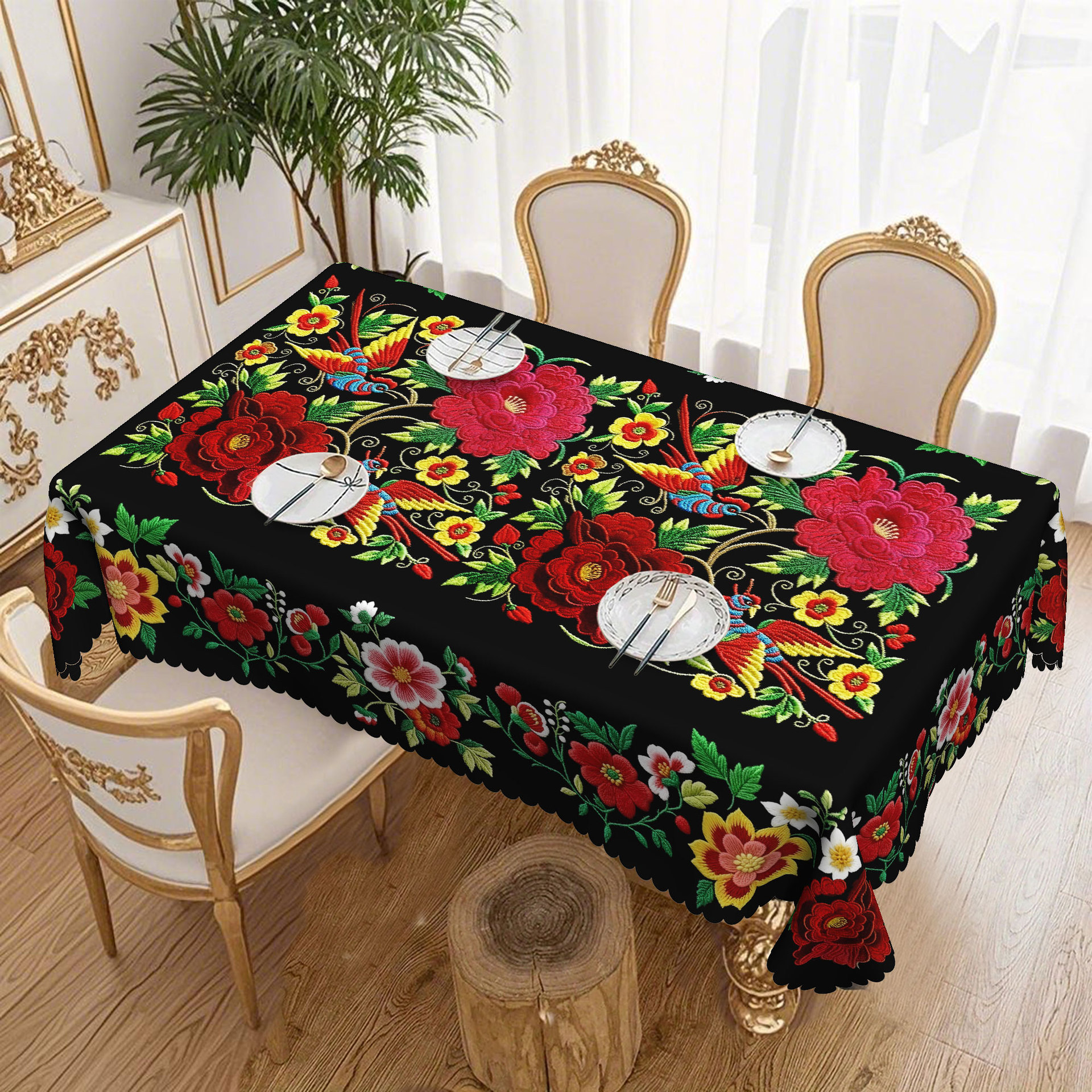 Mexican-style vibrant colorful floral tablecloth