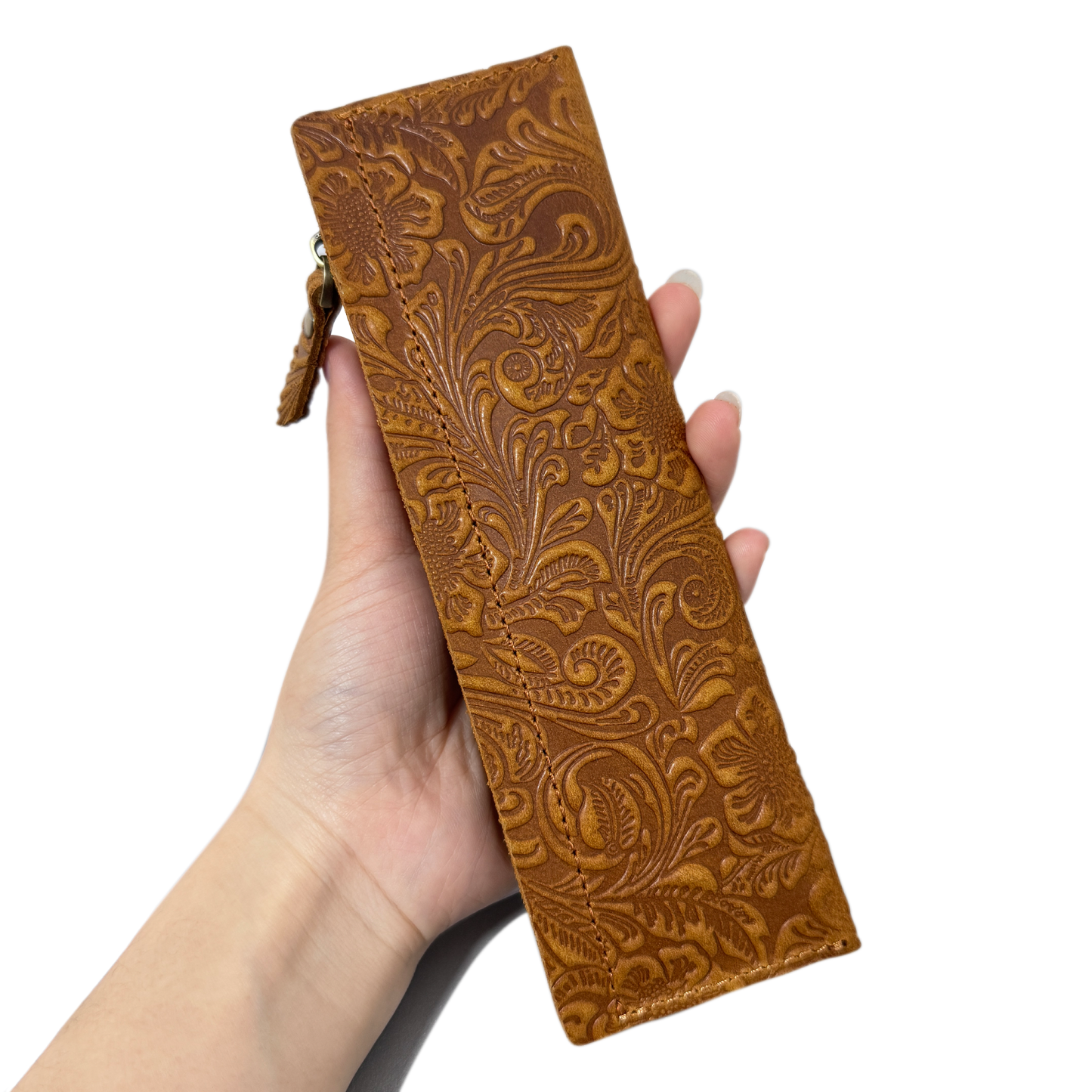 唐草模様 革 スリム ペンケース ファスナー筆箱