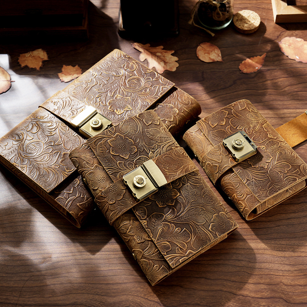 A7 6穴 バインダー 三つ折り 革カバー ノート パスワードロック付き